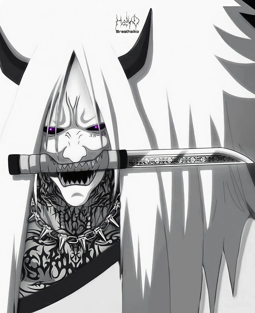 Shiki Fujin Demon Mask Portrait with Katana and Spiked Chain in Monochrome Style HD phone wallpaper