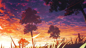 Anime Sunset Sky with Silhouetted Trees and Tall Grass HD wallpaper