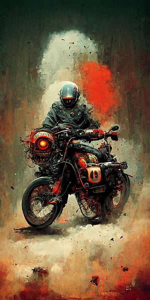 Gritty Digital Art of a Biker on a Custom Motorcycle with Red Accents HD phone wallpaper