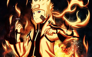 Naruto Uzumaki in Nine-Tails Chakra Mode with Fiery Aura and Cosmic Background HD wallpaper