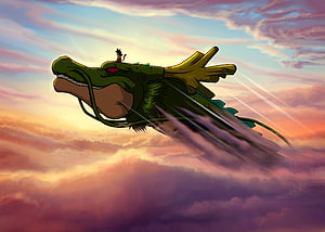 Shenron and Goku Soaring Through Vibrant Sunset Clouds in Dragon Ball Anime Art HD wallpaper