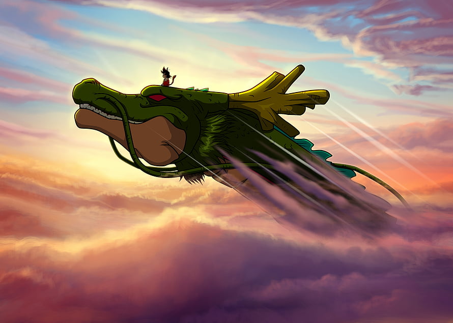 Shenron and Goku Soaring Through Vibrant Sunset Clouds in Dragon Ball Anime Art HD wallpaper