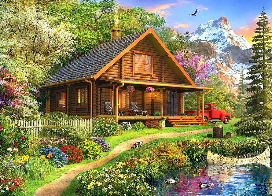 Cozy Log Cabin in Vibrant Garden with Mountain View and Vintage Red Truck HD wallpaper