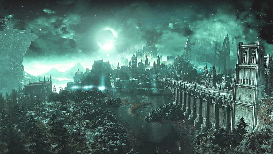 Bloodborne Yharnam Cityscape Under a Glowing Moon with Gothic Architecture and Misty Atmosphere HD wallpaper