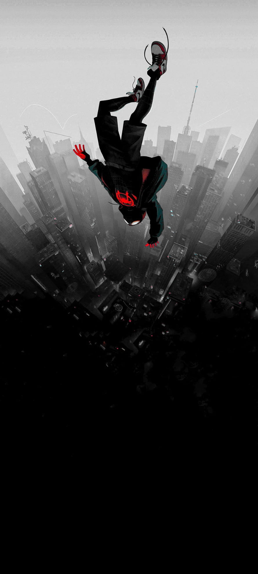 Miles Morales Spider-Man Falling Through a Monochrome Cityscape, Spider man BLACK, red, falling, , miles HD phone wallpaper