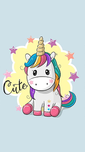 Adorable Kawaii Unicorn Illustration with Rainbow Mane and Pastel Stars HD phone wallpaper