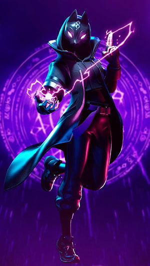Fortnite Hybrid Skin Character Casting Purple Magic with Glowing Cat Mask HD phone wallpaper