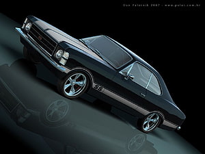 Black Chevrolet Opala SS Classic Muscle Car with Chrome Wheels on Dark Background HD wallpaper