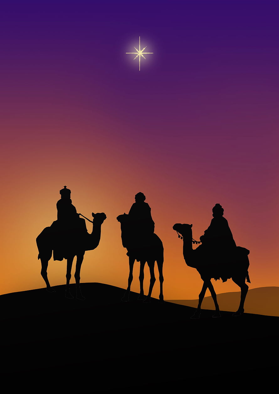 Three Wise Men on Camels Silhouetted Against a Starry Sunset Sky HD phone wallpaper