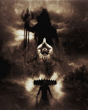 Ravana in a dramatic dark fantasy illustration with a towering shadow and glowing aura HD phone wallpaper