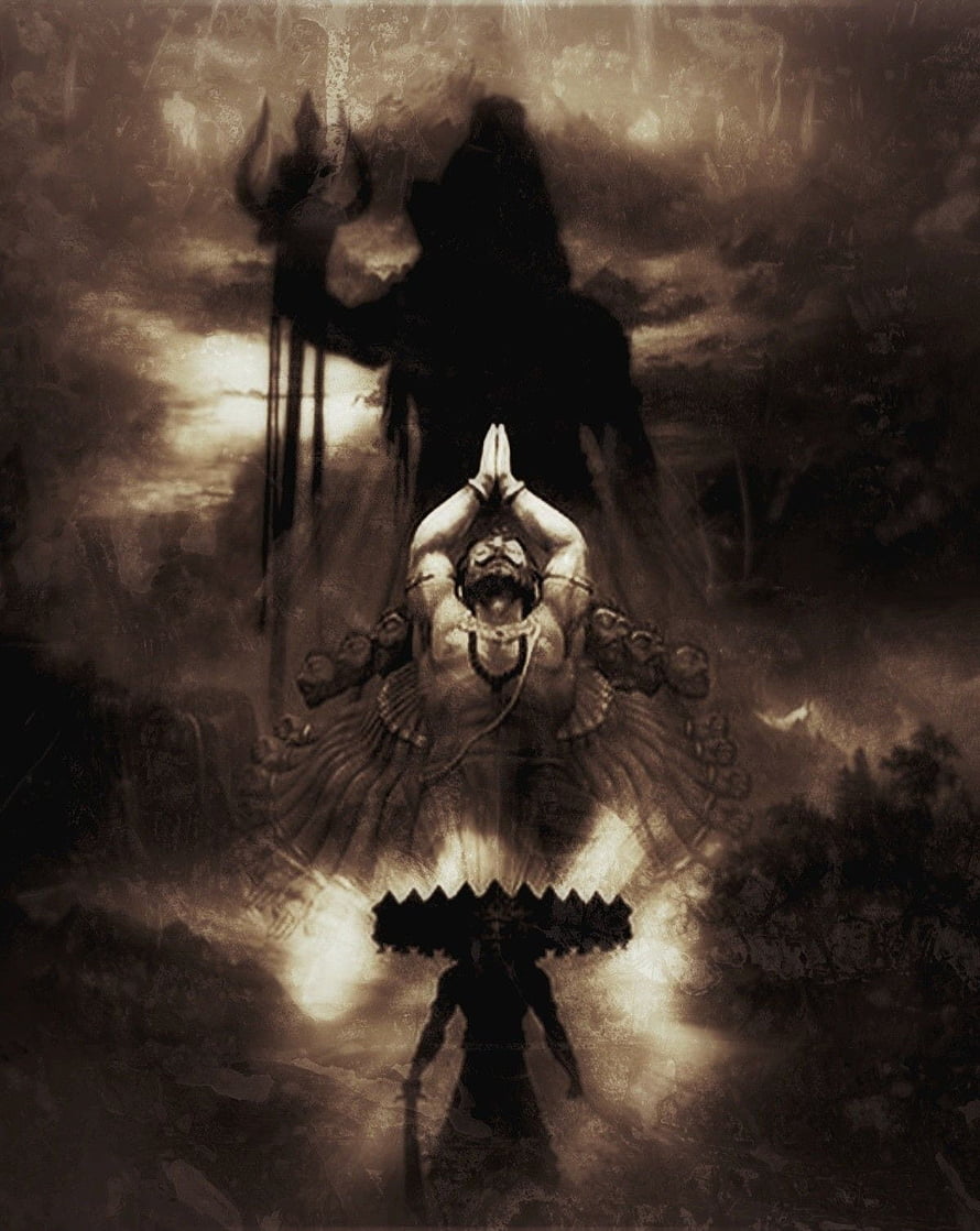 Ravana in a dramatic dark fantasy illustration with a towering shadow and glowing aura HD phone wallpaper