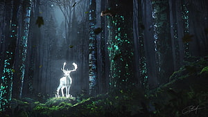 Glowing White Deer Patronus in a Dark Enchanted Forest with Bioluminescent Trees HD wallpaper