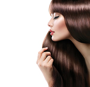 Elegant Woman with Long Brown Hair and Bangs in Profile View, Hair Salon PNG Transparent Hair Salon PNG, Coiffure HD wallpaper