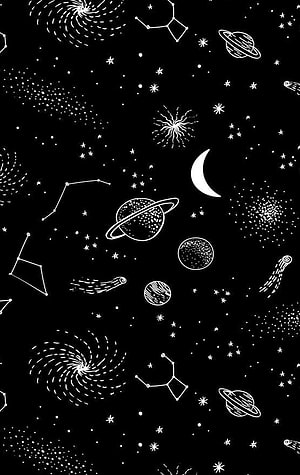Hand-drawn celestial pattern featuring planets, constellations, and spiral galaxies on a black background HD phone wallpaper
