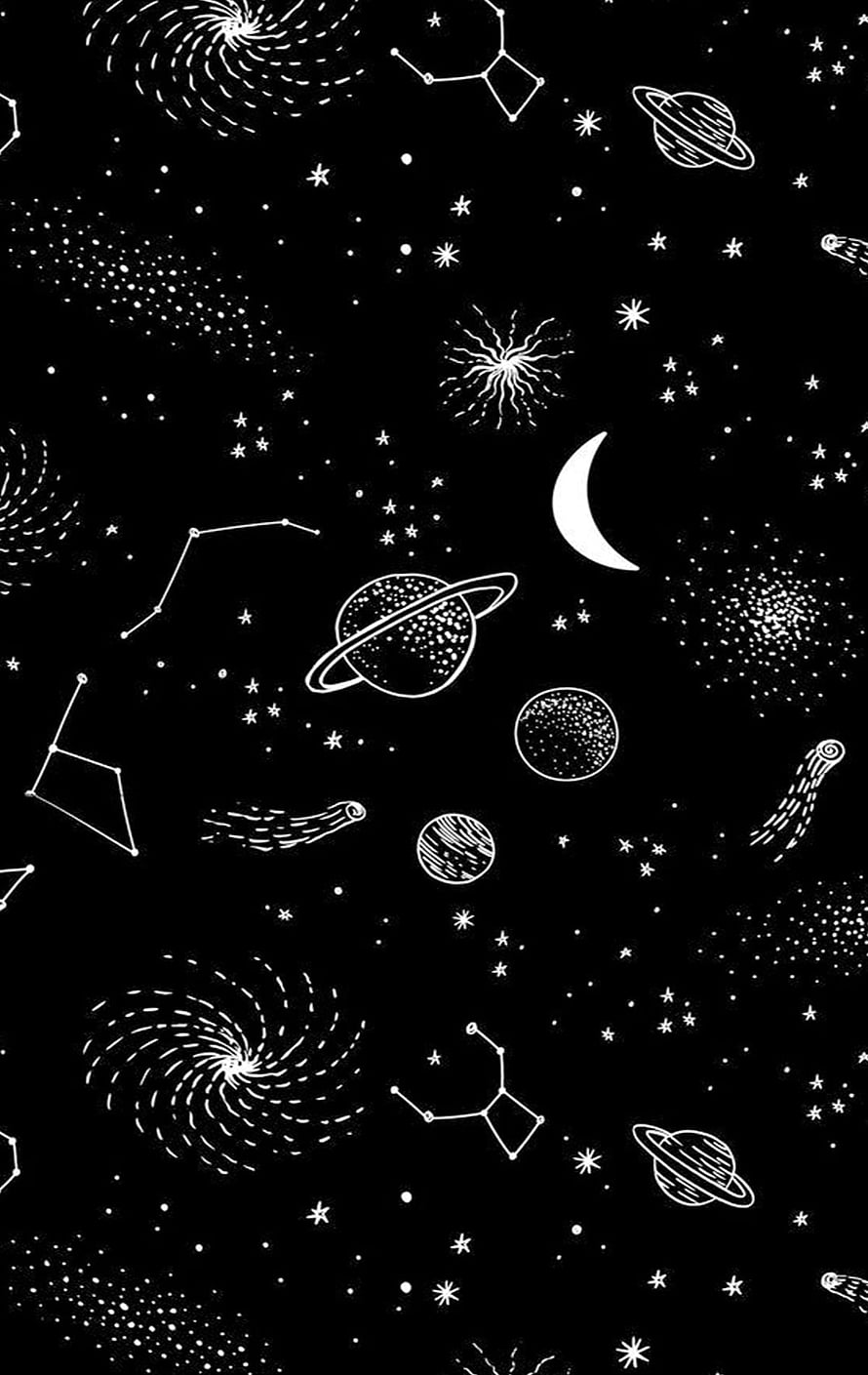 Hand-drawn celestial pattern featuring planets, constellations, and spiral galaxies on a black background HD phone wallpaper