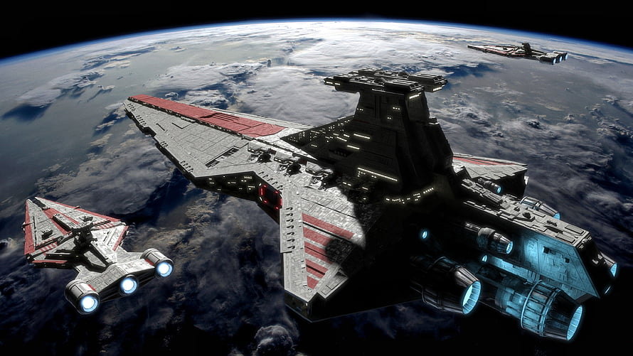 Star Wars Venator Star Destroyer Fleet in Orbit Above Cloudy Planet HD wallpaper