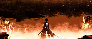 Anime Warrior Silhouette Standing in Burning City Ruins at Dusk HD wallpaper