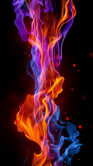 Vibrant 3D Fire and Smoke Plume with Neon Purple and Orange Hues on Black Background HD phone wallpaper