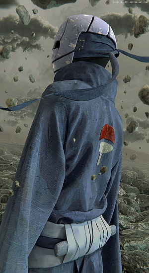 Obito Uchiha in Masked Attire Amidst Floating Rocks and Misty Atmosphere HD phone wallpaper