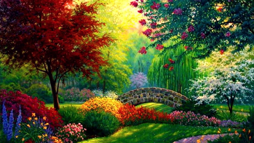 Vibrant Garden Landscape with Stone Arch Bridge and Colorful Flower Beds HD wallpaper