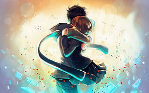 Embracing Anime Couple in Warm Light with Floating Glass Fragments HD wallpaper