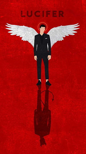 Lucifer TV Series Minimalist Poster with Angel Wings and Devil Shadow on Red Background HD phone wallpaper