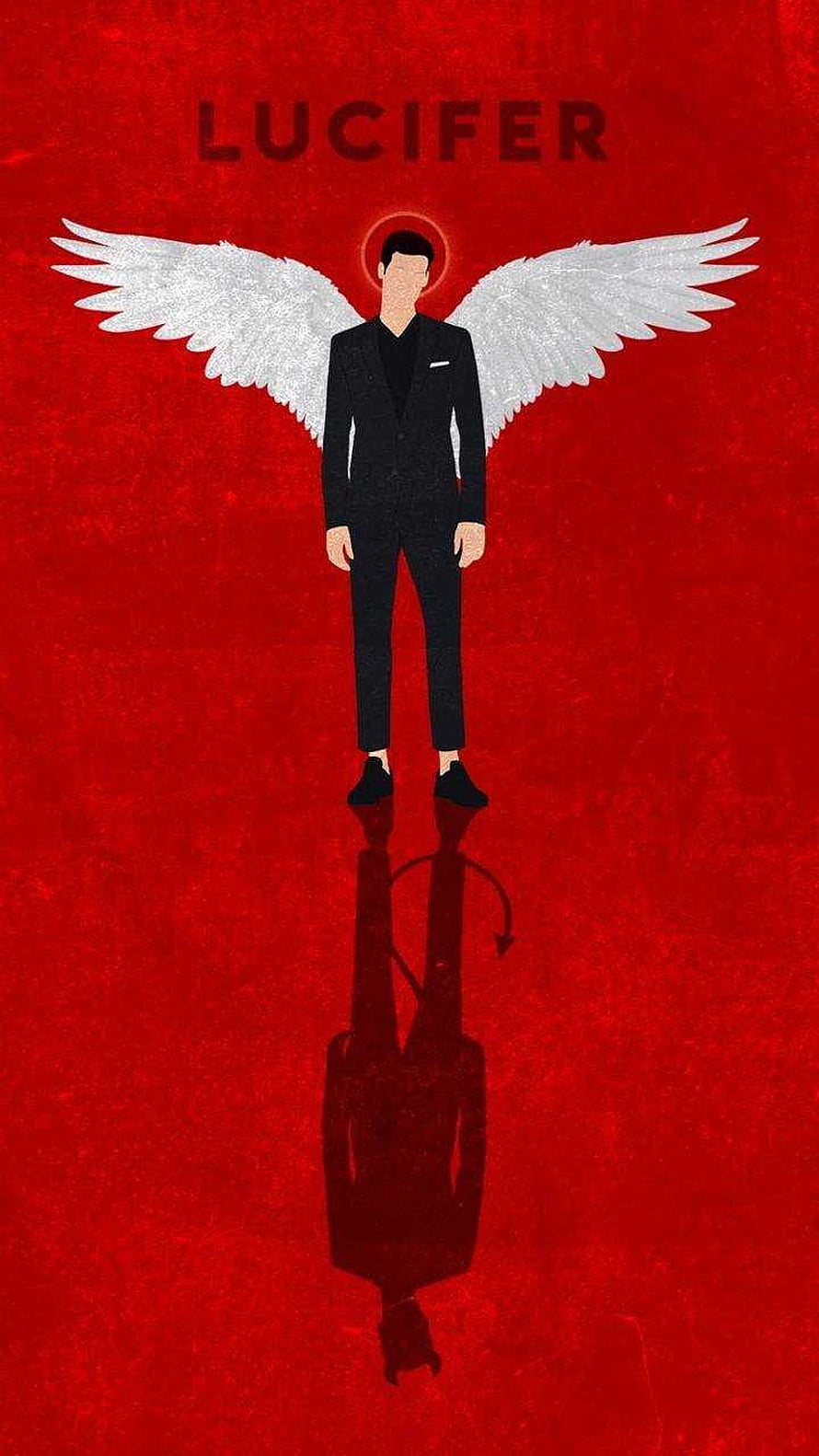 Lucifer TV Series Minimalist Poster with Angel Wings and Devil Shadow on Red Background HD phone wallpaper