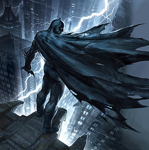 Batman Standing on Rooftop in Gotham City During a Lightning Storm HD phone wallpaper