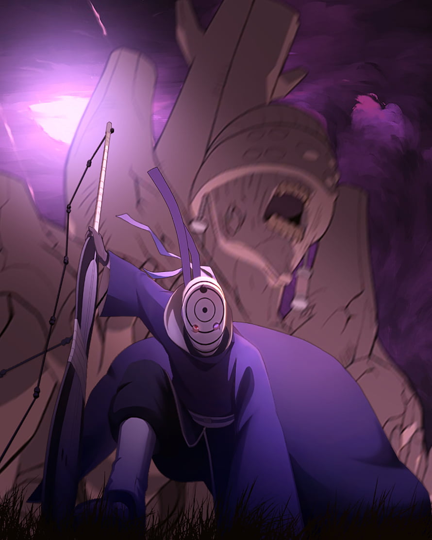Obito Uchiha in Masked Form with Giant Statue in Naruto Shippuden Anime Art HD phone wallpaper