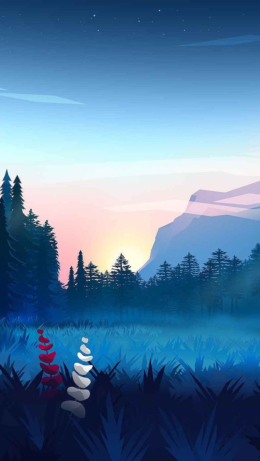 Serene Mountain Valley at Dawn with Pine Forest and Stacked Stones HD phone wallpaper