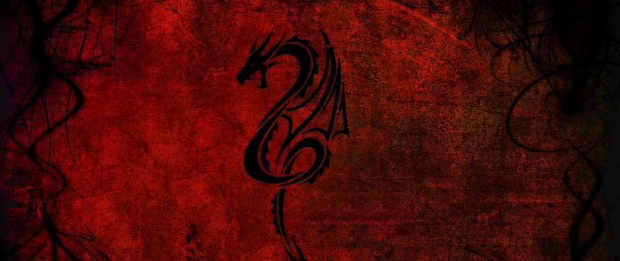 Black Tribal Dragon Silhouette on Dark Red Grunge Background HD wallpaper