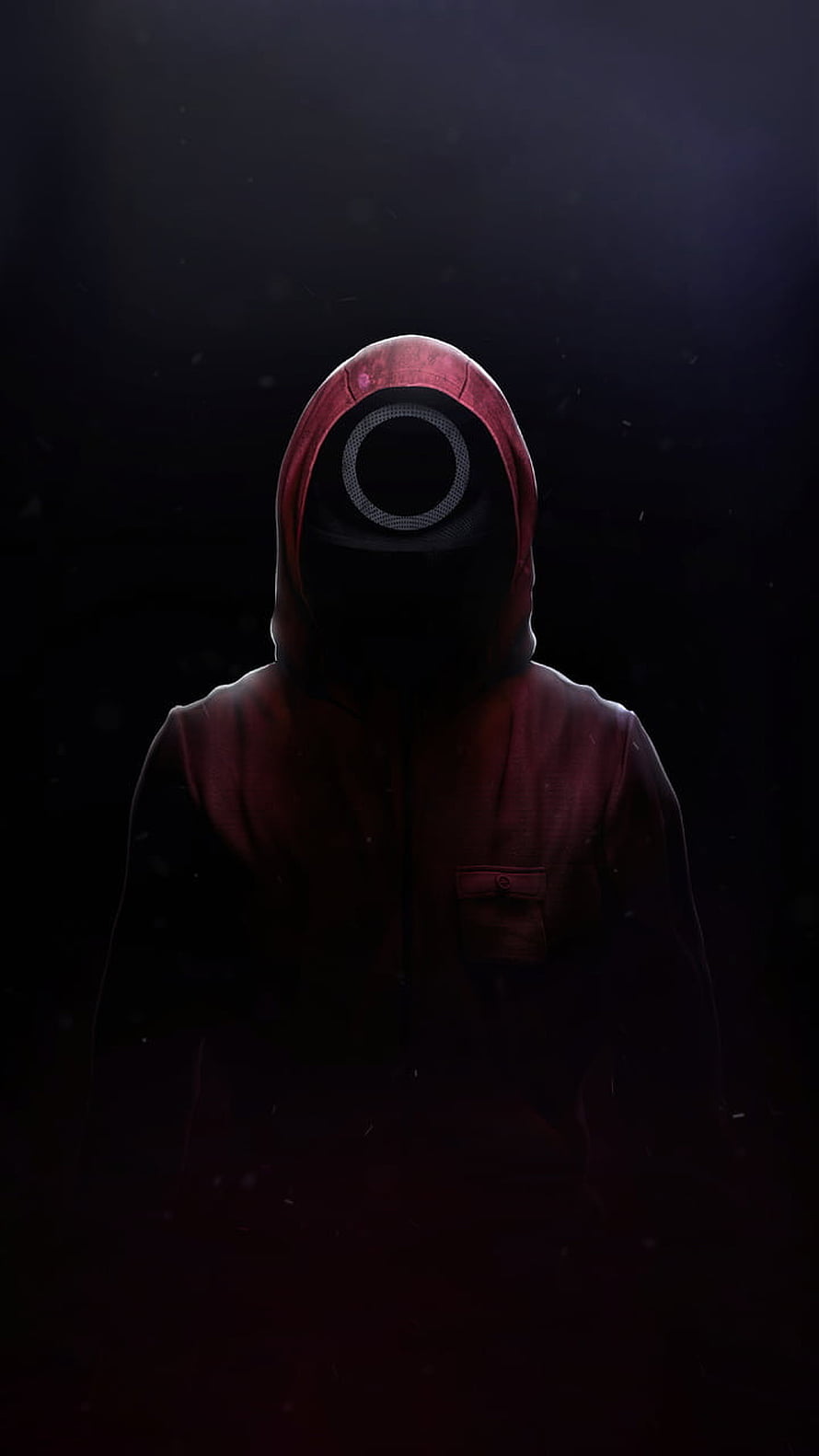 Squid Game Frontman Character in Red Hood and Mask Against Dark Background HD phone wallpaper