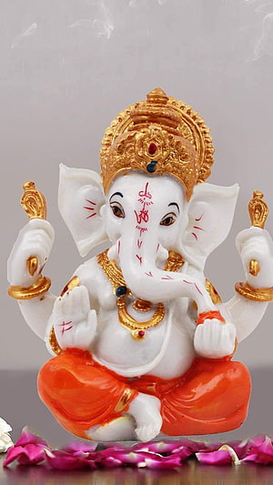 White Marble Ganesha Idol with Gold Crown and Orange Dhoti HD phone wallpaper