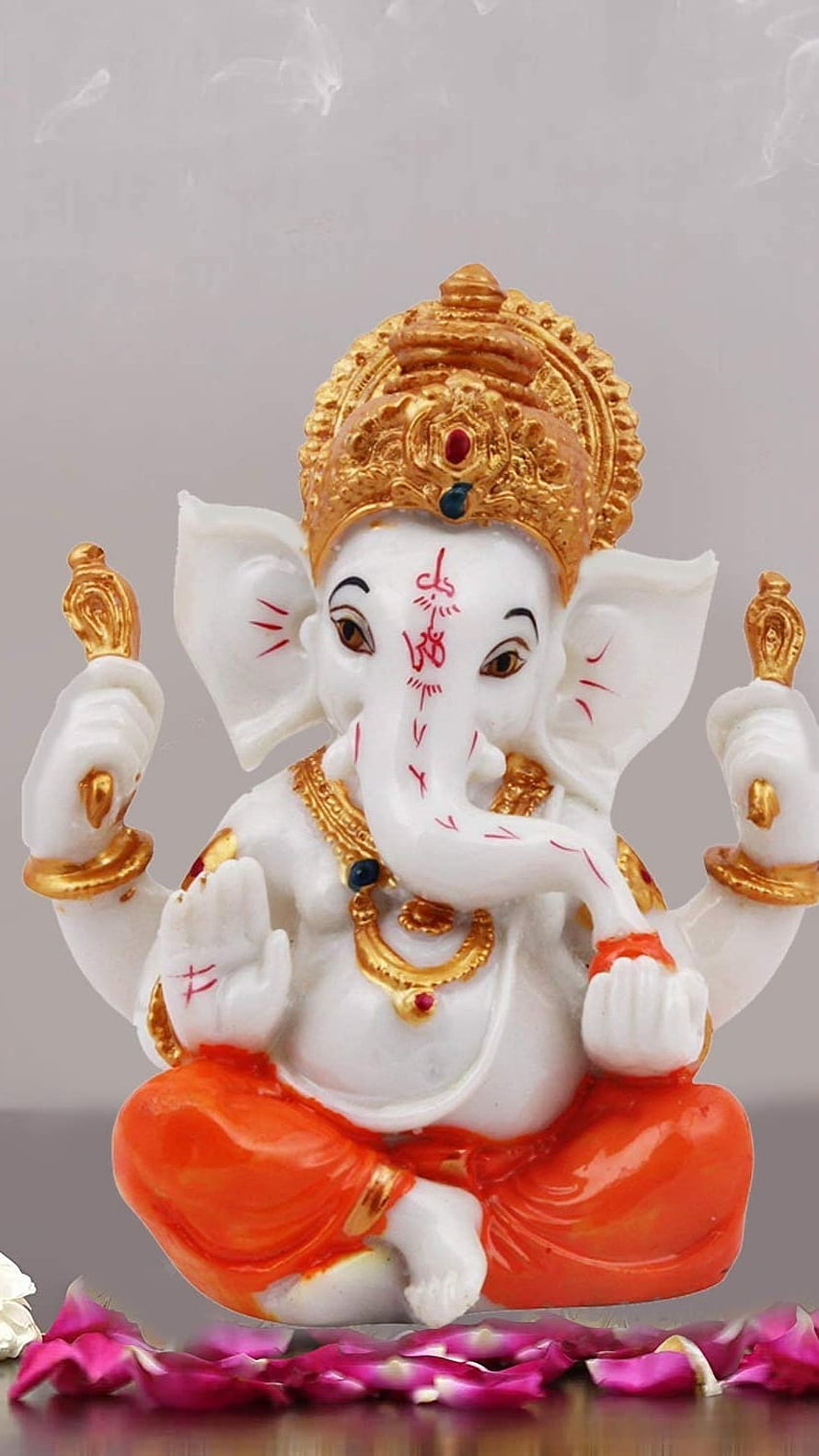 White Marble Ganesha Idol with Gold Crown and Orange Dhoti HD phone wallpaper