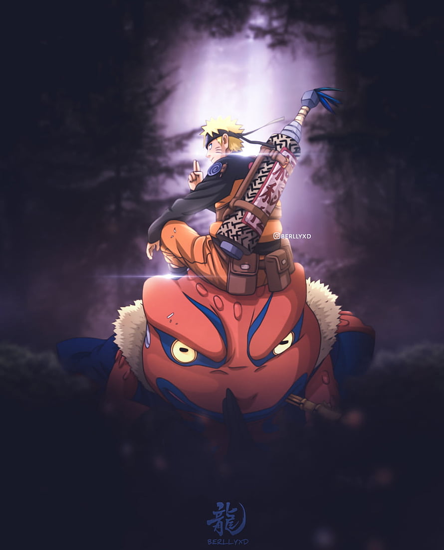 Naruto Uzumaki Riding Gamabunta in a Dark Forest with Moonlight HD phone wallpaper