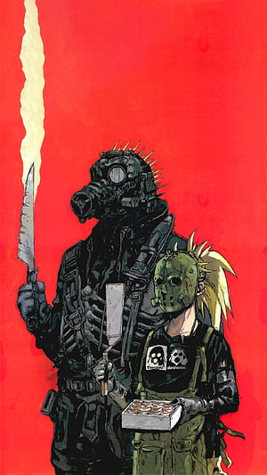 Caiman and Nikaido from Dorohedoro in a gritty post-apocalyptic illustration HD phone wallpaper