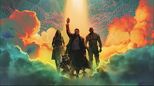 Guardians of the Galaxy Team Standing in Cosmic Clouds with Dramatic Lighting HD wallpaper