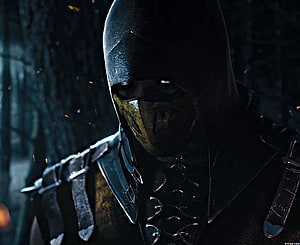 Scorpion from Mortal Kombat in dark hooded armor with glowing eyes and golden mask HD wallpaper
