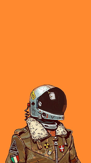 Stylized Biker Helmet and Jacket Illustration on Orange Background HD phone wallpaper