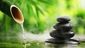 Zen Garden Water Feature with Bamboo Spout and Stacked Stones HD wallpaper