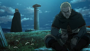 Vinland Saga Askeladd Kneeling in Moonlit Grassland with Ancient Stone Pillar HD wallpaper