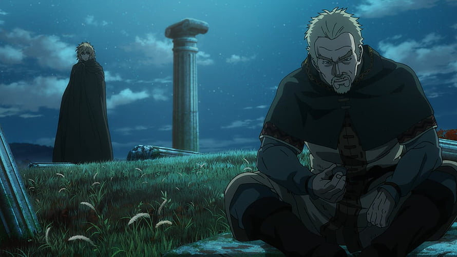 Vinland Saga Askeladd Kneeling in Moonlit Grassland with Ancient Stone Pillar HD wallpaper