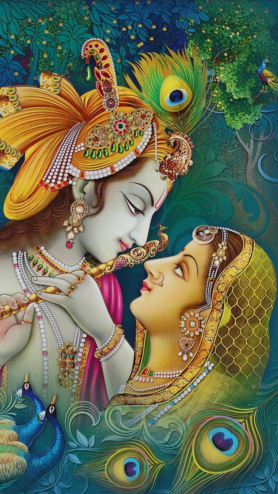 Radha Krishna Devotional Artwork with Peacock Feathers and Ornate Jewelry HD phone wallpaper