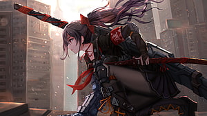 Anime Girl with Cybernetic Arm and Sword in Futuristic City HD wallpaper