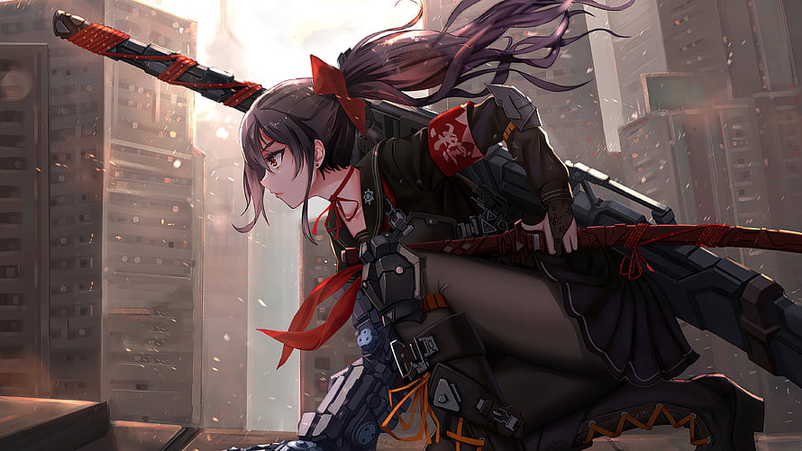 Anime Girl with Cybernetic Arm and Sword in Futuristic City HD wallpaper