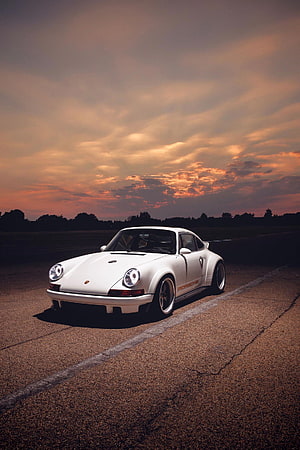 White Porsche 911 Classic Coupe Parked on Asphalt at Sunset HD phone wallpaper