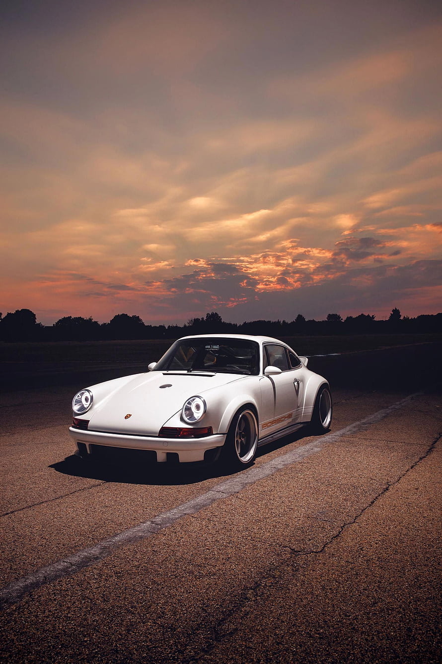 White Porsche 911 Classic Coupe Parked on Asphalt at Sunset HD phone wallpaper