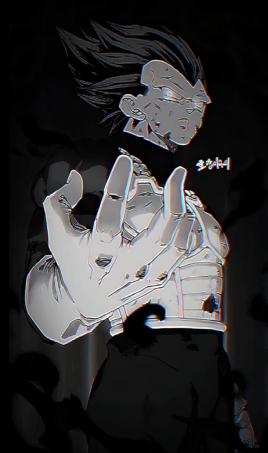 Vegeta Ultra Ego Anime Character with Glitch Effect and Dramatic Hand Gesture HD phone wallpaper