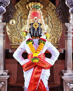 Shri Vitthal Rukmini Temple Deity Adorned in Marigold Garlands and Red Silk HD phone wallpaper
