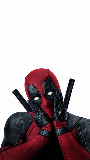 Deadpool in red and black suit with crossed swords and hands covering face on white background HD phone wallpaper